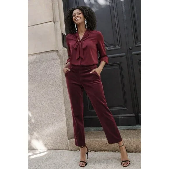 Express Editor High Rise Velvet Stretch Straight Ankle Pants Ruby Red SZ 14 - Picture 1 of 16